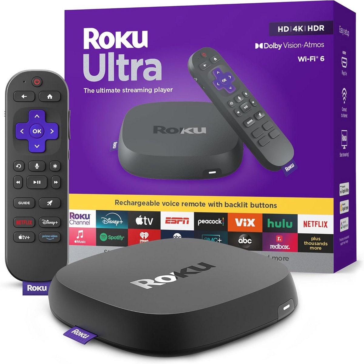 Roku Ultra 2024 - Ultieme streaming-speler - 4K-streamingapparaat voor tv met HDR10+, Dolby Vision & Atmos - Bluetooth en Wi-Fi 6 - Oplaadbare spraakafstandsbediening Pro met verlichte knoppen -