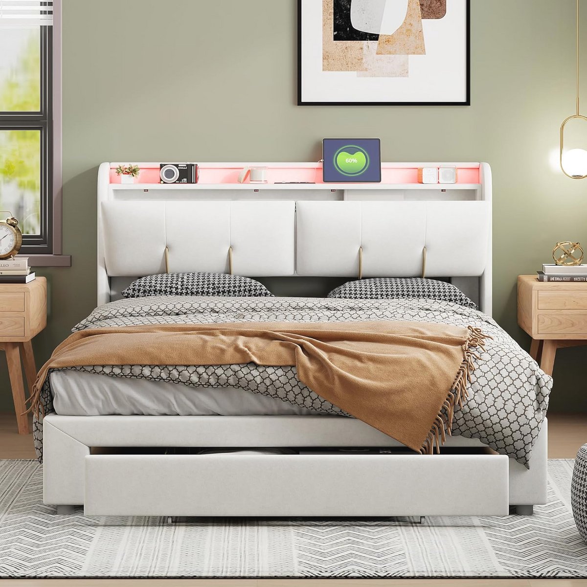 Tweepersoonsbed 160x200cm met Opberglade, USB en LED Verlichting