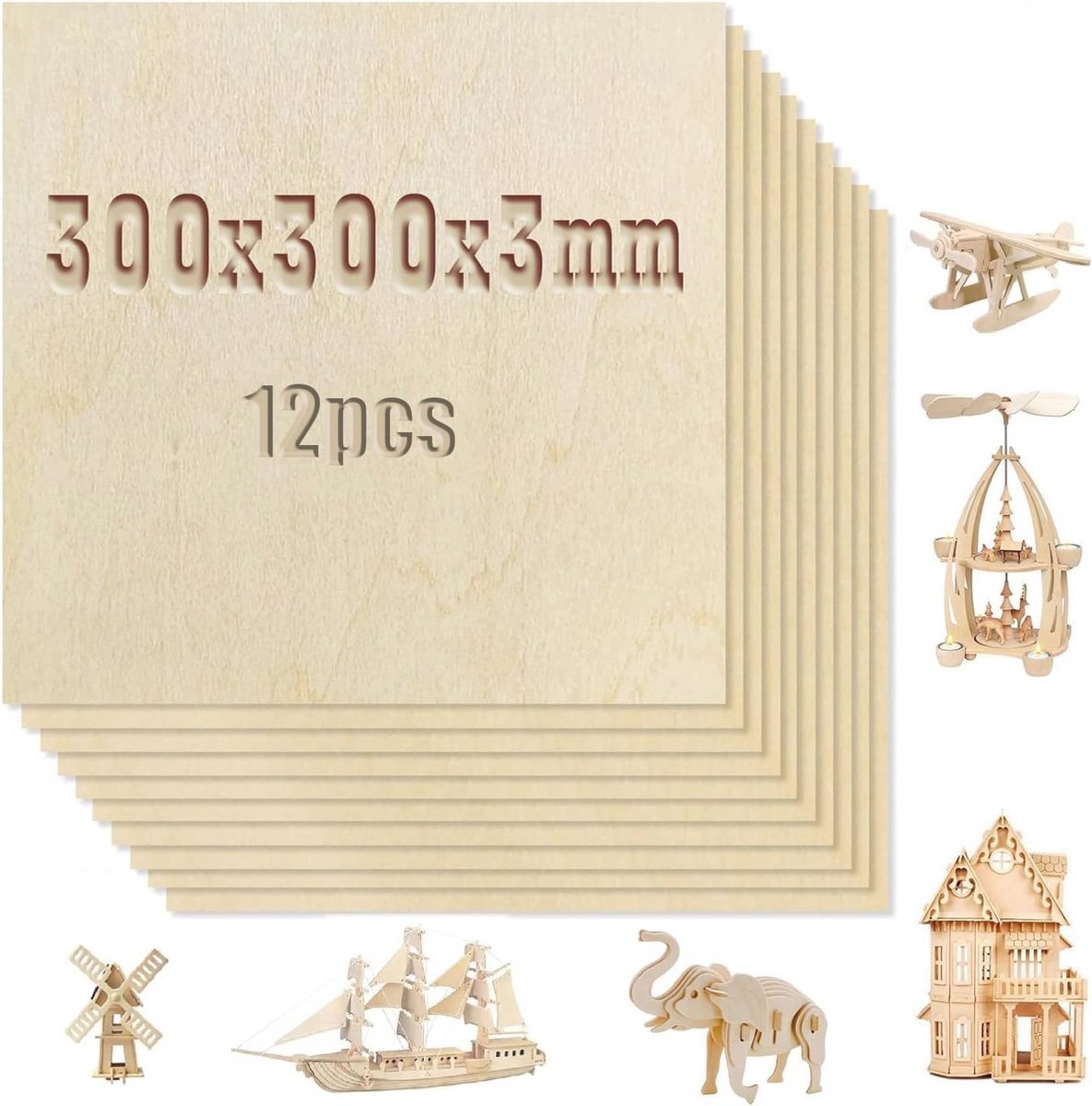 12 Stuks Multiplexplaten - 300 x 300 x 3 mm - Houten Platen voor Knutselen en DIY-projecten