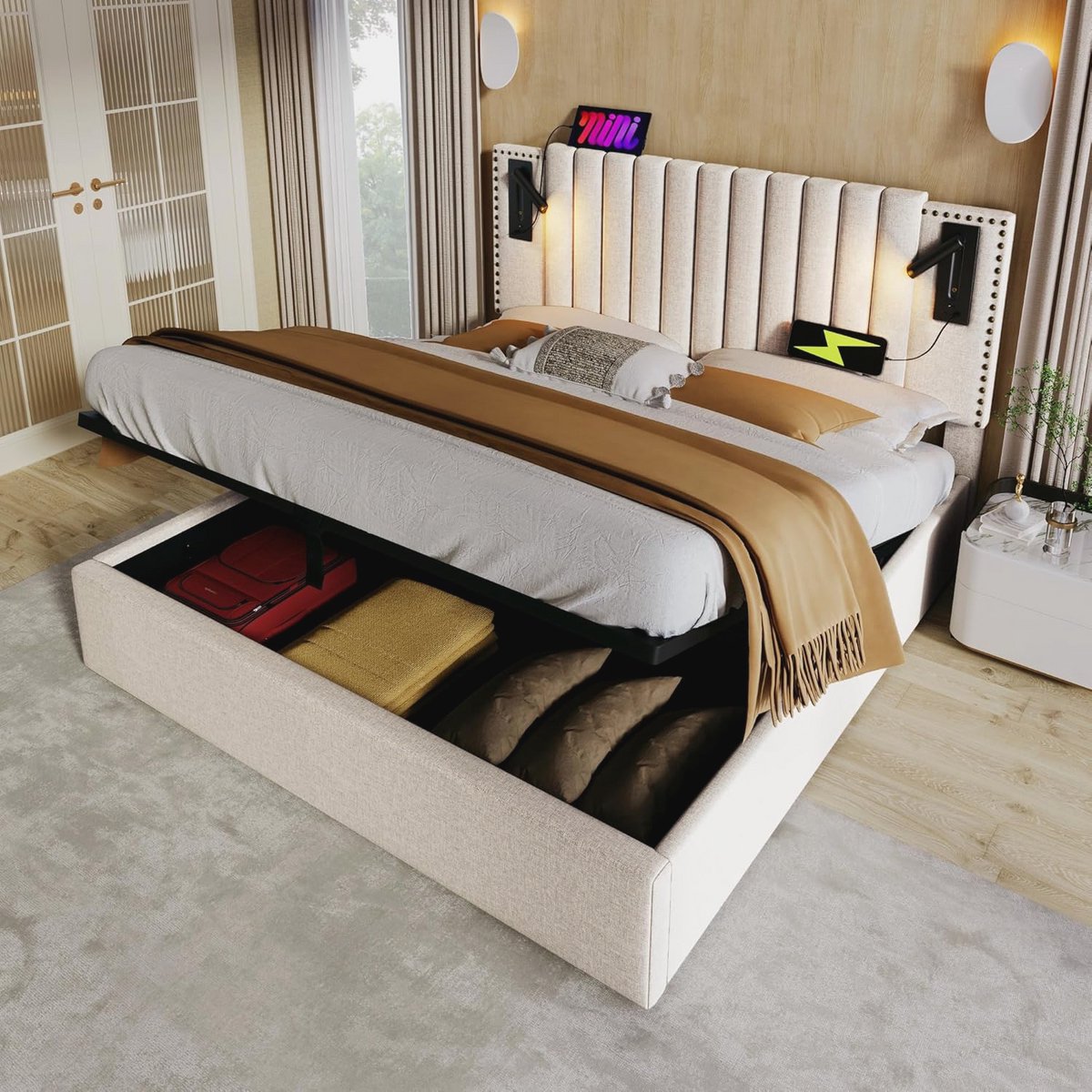 Beige Dubbele Bed met Opbergruimte 160 x 200 cm - Multifunctioneel met Hoofdbord