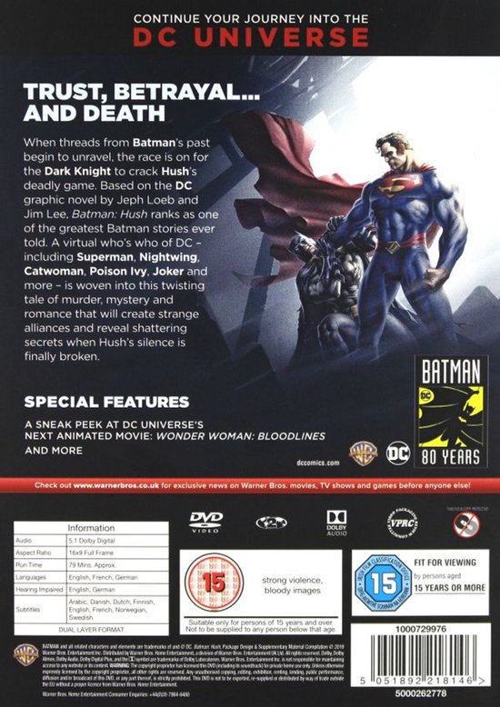 Achterkant van de Batman: Hush-dvd met Superman en Batman. Bevat informatie over de film en speciale kenmerken.
