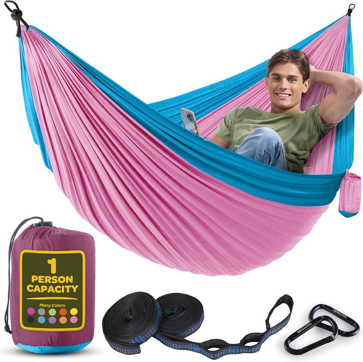Duurzame hangmat voor 180 kg - Lichtgewicht campinghangstoel met boomriemen en draagtas - Ideaal voor reizen, backpacken, strand en tuin