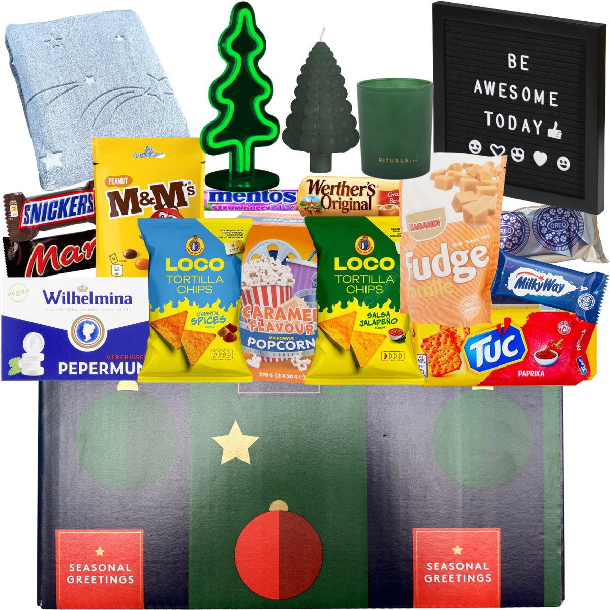 Kerstpakket L - Incl. Gadgets & Food t.w.v €70 - Cadeaupakket - Feestpakket - Doos - Voor Mannen & Vrouwen