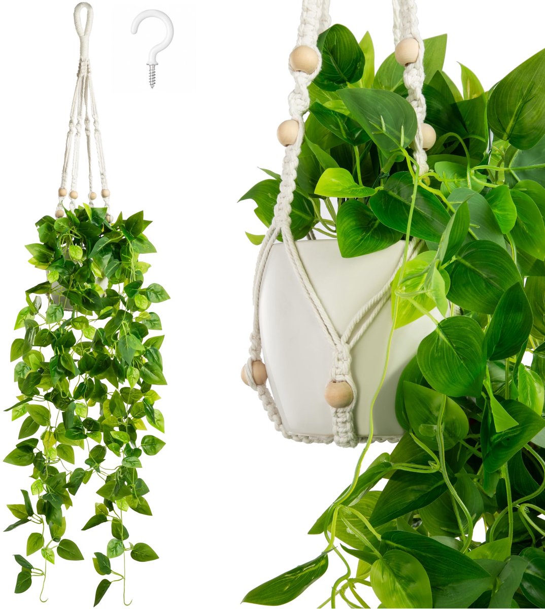 Unyqoos Decoratieve kunstklimop in keramische pot met handgemaakte macraméhanger groen