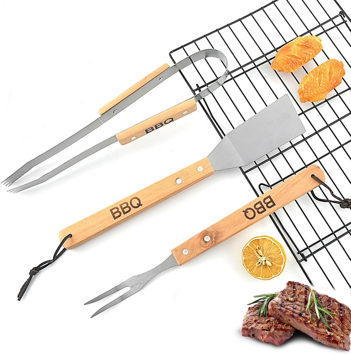 BBQ Grillbestek Set RVS met Houten Handvatten - Essentieel Gereedschap voor de Barbecue