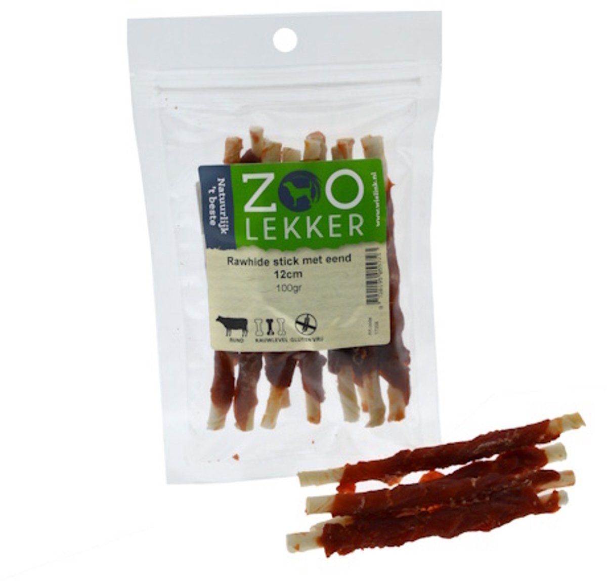 Zoolekker Rawhide stick met eend 12 cm - hondensnack van buffelhuid en eend, verpakkingen 100 g, 400 g en 1 kg 100 Gram