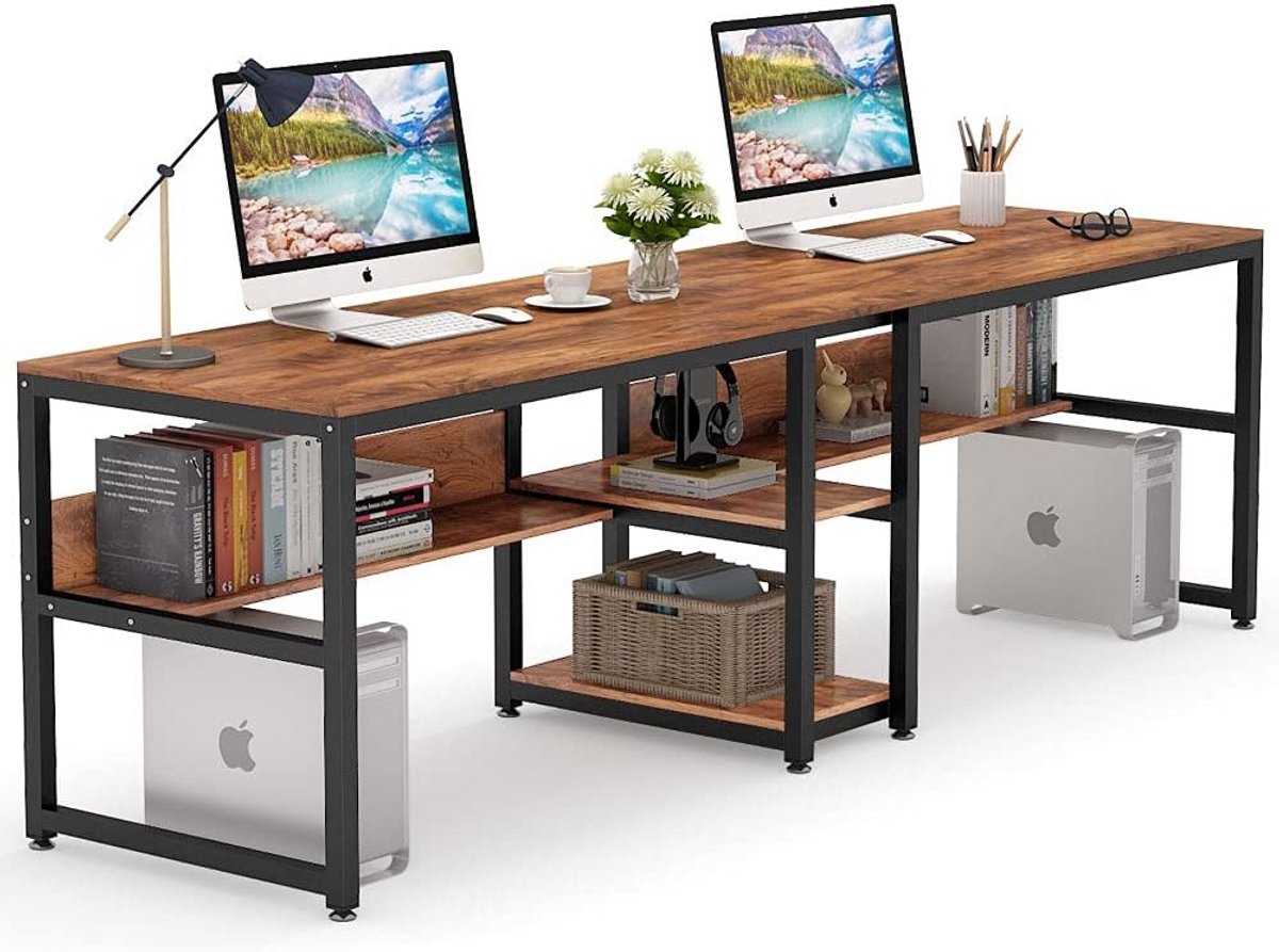 Extra Groot Dubbel Bureau met Boekenkast voor Twee Personen - Rustiek Schrijfbureau Werkstation
