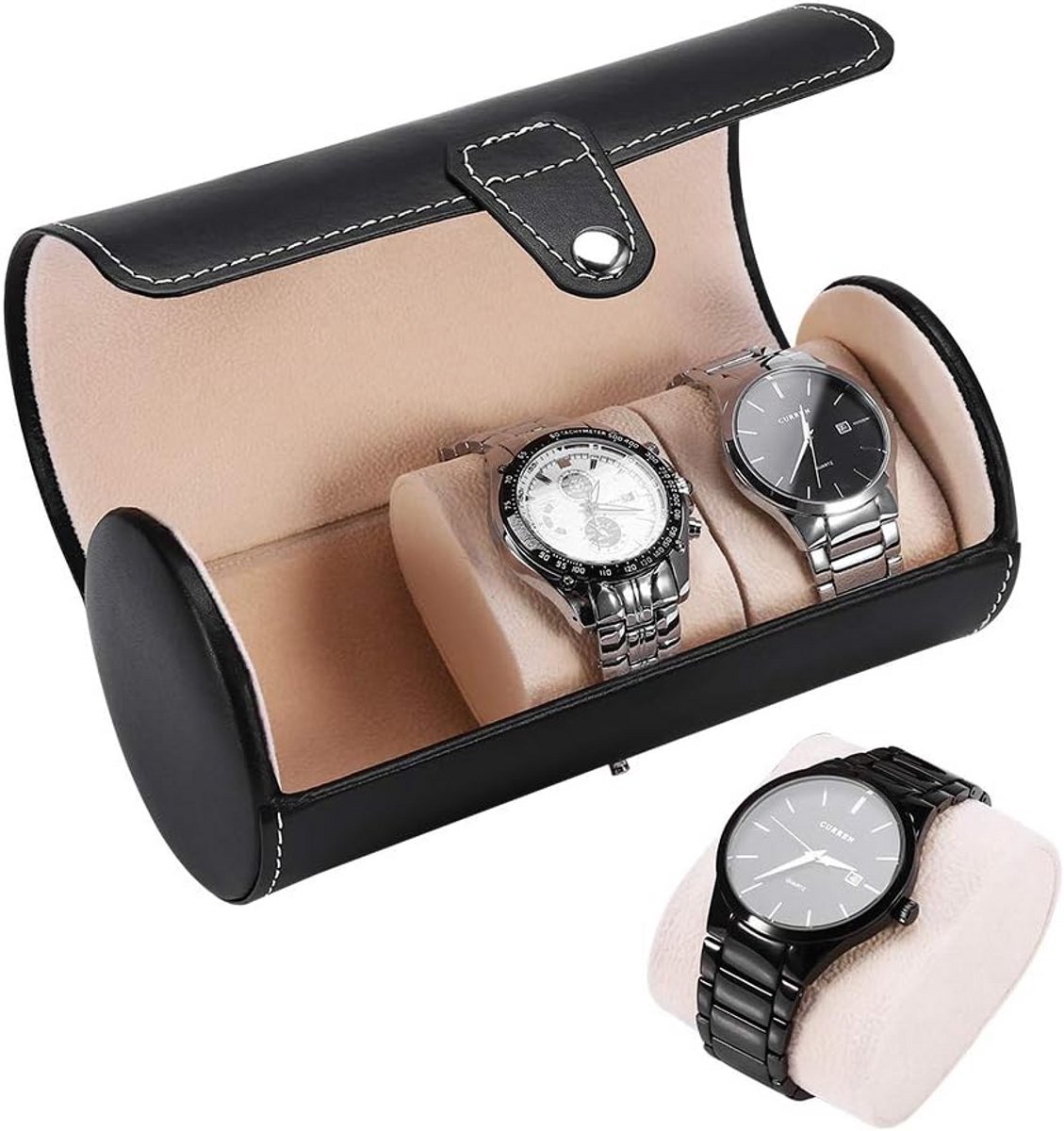 Cilindrische Horlogedoos voor Heren - Luxe PU Leer Tassen voor 3 Horloges - Reisetui