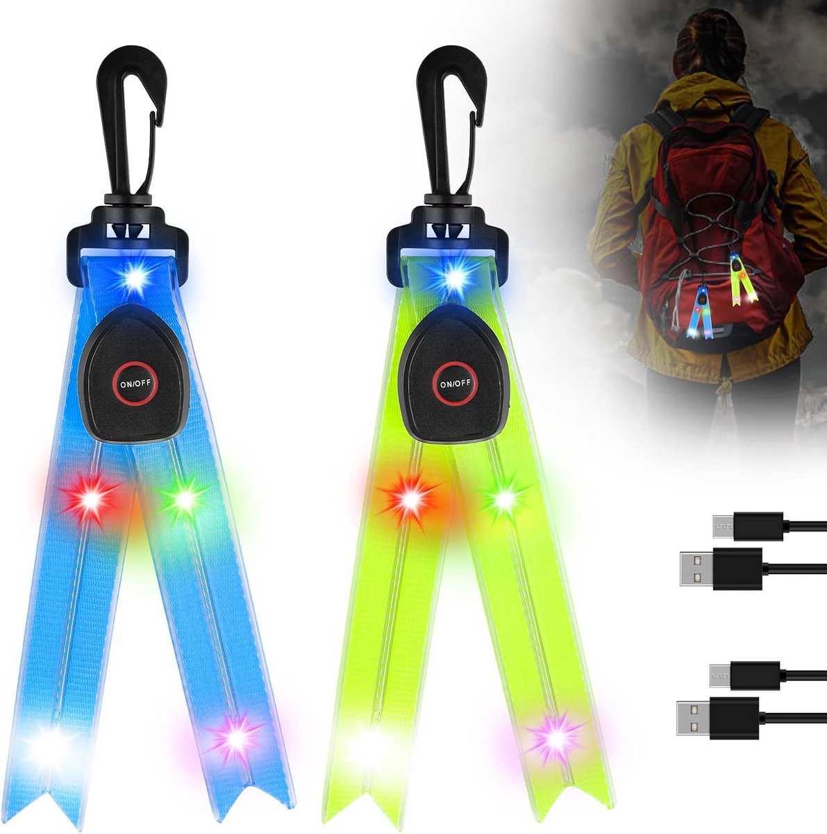 2 stuks USB Oplaadbare LED Knipperlichten Veiligheidsreflector voor Schooltas en Fietsen