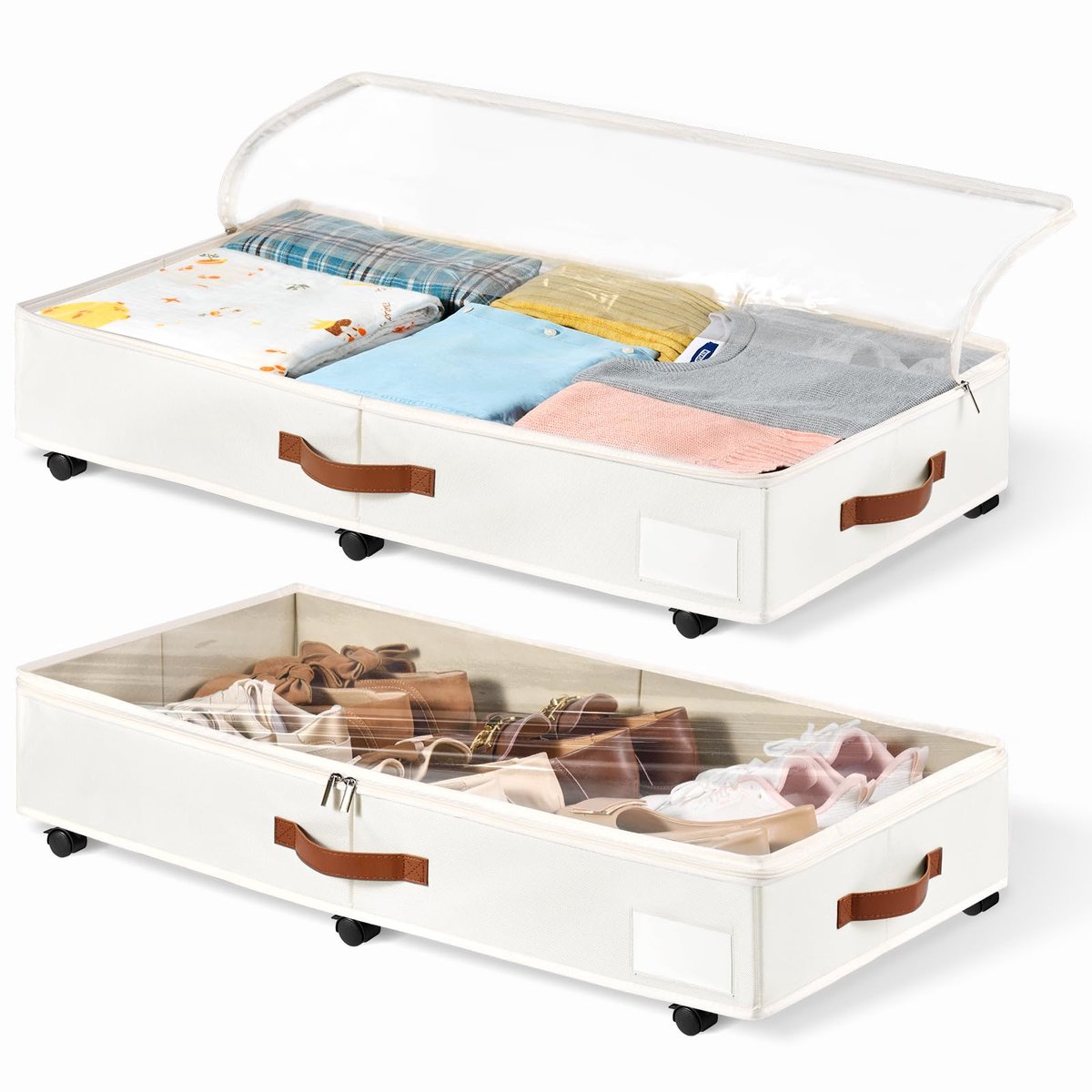Unyqoos® Set van twee onderbed opbergboxen met wielen en transparant deksel
