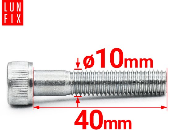 Zilverkleurige zeskantbout van 40mm lang en 10mm diameter op witte achtergrond.