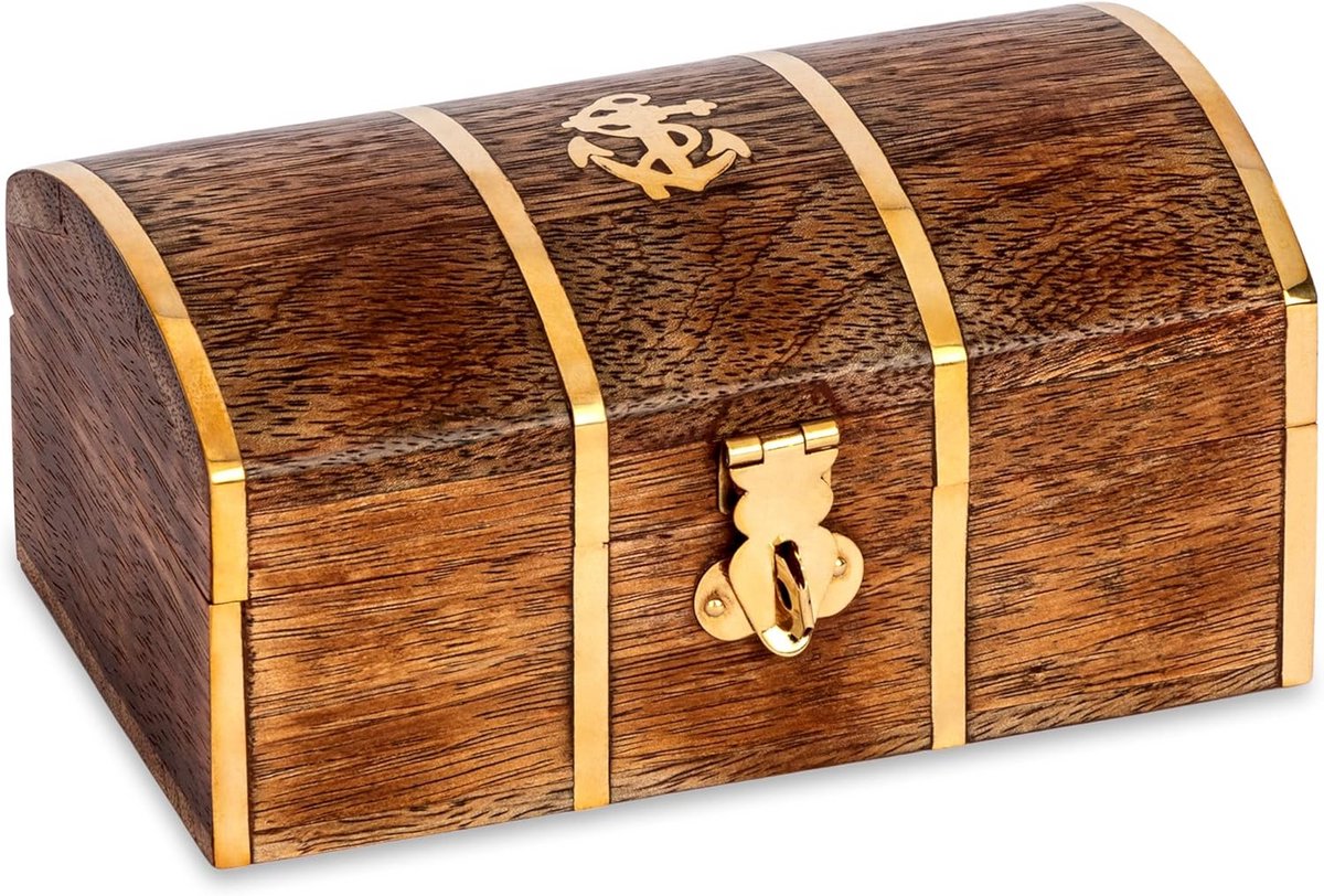Houten Schatkist met Messing Beslag, Maritieme Opbergdoos
