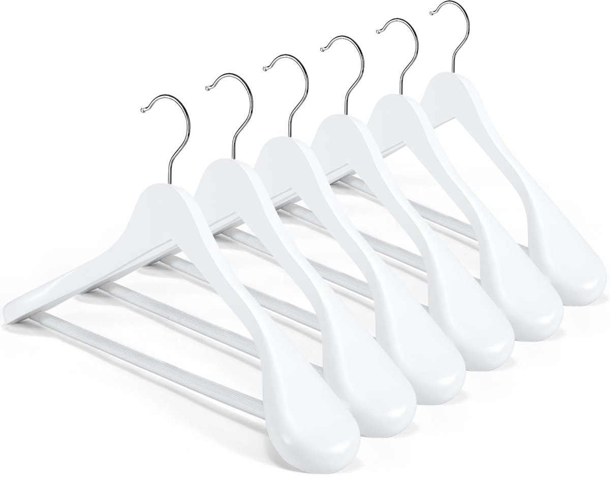 Unyqoos® Set van 6 houten kledinghangers met brede schouder en antislip stang
