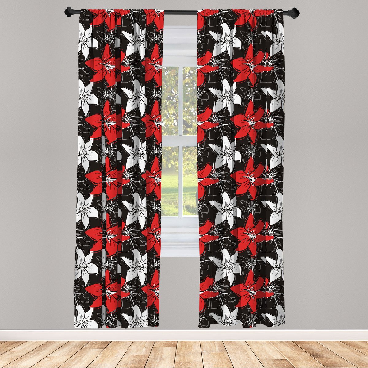ABAKUHAUS Raamgordijnen – 2-delige paneelset 75x245 cm – Zwart, Wit, Vermiljoen