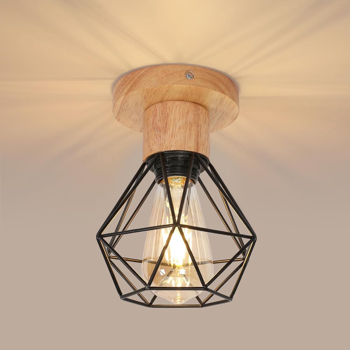 Haobosic Vintage - Plafondlamp - Houten Basis/Zwarte Kap - E27 - 15.5x20cm