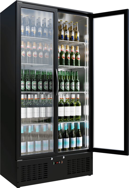 Cubo Drankenkoelkast 477L - Zwart met RVS binnenkant - 2 glazen deur met LED-verlichting - Afsluitbaar met slot - CS-510H