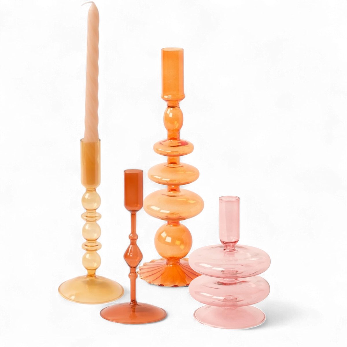 WinQ -Set van 4 Glaskandelaren – Oranje - Roze -geel-kandelaar