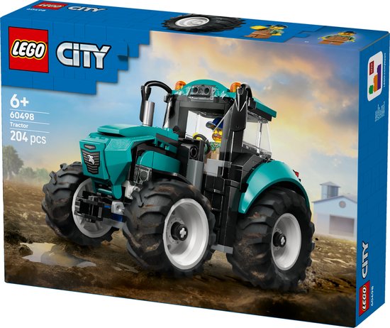 Doos van LEGO City Tractor 60498 met tractor in een veld.