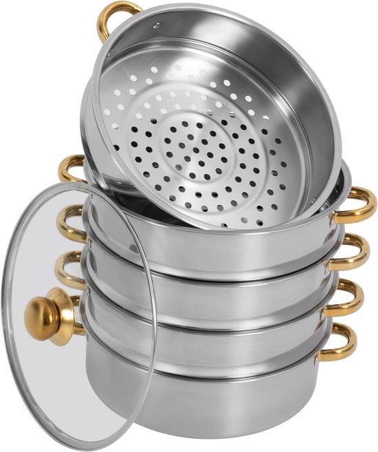 DAOHHFO Stoompan, 3-laags roestvrij staal, 28 cm, roestvrijstalen pan met glazen deksel, stoomkoker, inductie, kookpan, stoompan, voor koken, soep