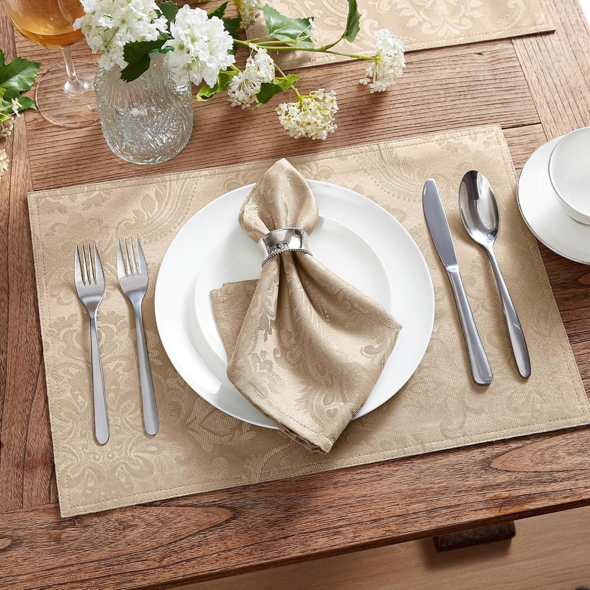Set van 4 Damast Tafellinnen Servetten - Polyester - Taupe - 43x43 cm