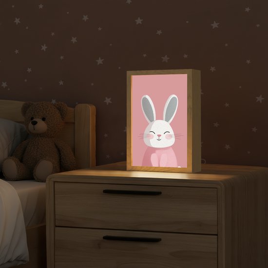 Nachtlampje 20x30 cm - Kinder lampje - Illustratie - Konijn - Roze - Minimalistisch - Tafellamp kinderkamer - Slaapkamer lamp - Bedlamp kinderen - Kinderlampje stopcontact - Wandlamp babykamer - Nachtlampjes van OnlyWow — afbeelding 2