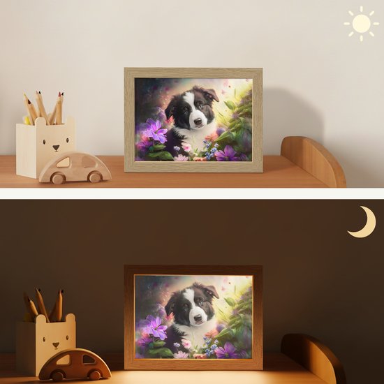 Nachtlampje 20x15 cm - Kinder lamp - Puppy - Zon - Bloemen - Natuur - Bordercollie - Hond - Tafellamp kinderkamer - Slaapkamer lamp - Bedlamp kinderen - Kinderlampje stopcontact - Wandlamp babykamer - Nachtlampjes van Smartprints — afbeelding 4
