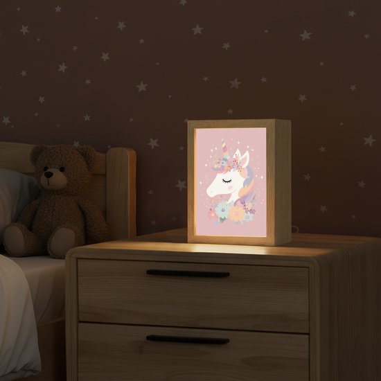 Nachtlampje 15x20 cm - Kinder lamp - Eenhoorn - Roze - Bloemen - Tafellamp kinderkamer - Slaapkamer lamp - Bedlamp kinderen - Kinderlampje stopcontact - Wandlamp babykamer - Nachtlampjes van Merkloos — afbeelding 2