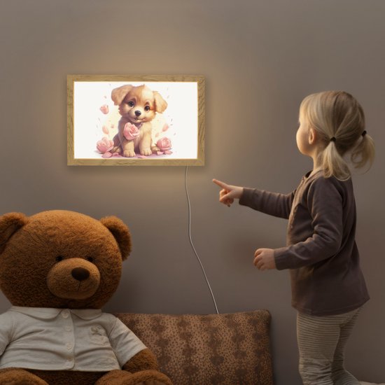 Nachtlampje 30x20 cm - Kinder lampje - Hond - Bloemen - Roze - Meisjes - Kind - Tafellamp kinderkamer - Slaapkamer lamp - Bedlamp kinderen - Kinderlampje stopcontact - Wandlamp babykamer - Nachtlampjes van OnlyWow — afbeelding 5