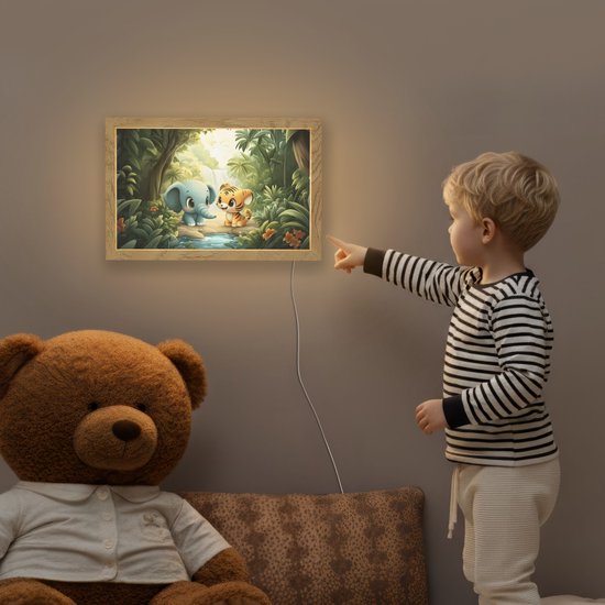 Nachtlampje 30x20 cm - Kinder lamp - Olifant - Tijger - Bos - Jungle - Tafellamp kinderkamer - Slaapkamer lamp - Bedlamp kinderen - Kinderlampje stopcontact - Wandlamp babykamer - Nachtlampjes van Merkloos — afbeelding 5