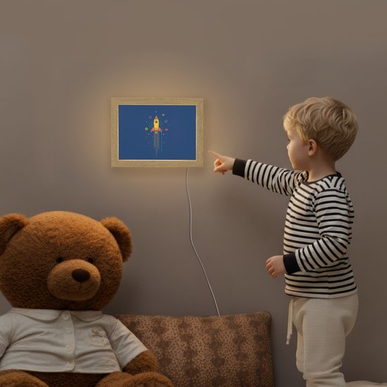 Nachtlampje 20x15 cm - Kinder lampje - Raket - Blauw - Sterren - Tafellamp kinderkamer - Slaapkamer lamp - Bedlamp kinderen - Kinderlampje stopcontact - Wandlamp babykamer - Nachtlampjes van OnlyWow — afbeelding 5