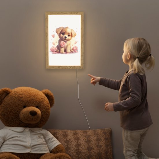 Nachtlampje 20x30 cm - Kinder lamp - Hond - Bloemen - Roze - Meisjes - Kind - Tafellamp kinderkamer - Slaapkamer lamp - Bedlamp kinderen - Kinderlampje stopcontact - Wandlamp babykamer - Nachtlampjes van CombiCraft — afbeelding 5