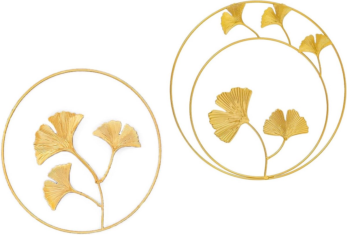 Set van 2 Gouden Metalen Wanddecoratie Ginkgobladeren - 3D Wandsculpturen voor Woonkamer en Slaapkamer