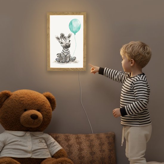 Nachtlampje 20x30 cm - Kinder lamp - Zebra - Baby dier - Blauwe ballon - Tafellamp kinderkamer - Slaapkamer lamp - Bedlamp kinderen - Kinderlampje stopcontact - Wandlamp babykamer - Nachtlampjes van Merkloos — afbeelding 5