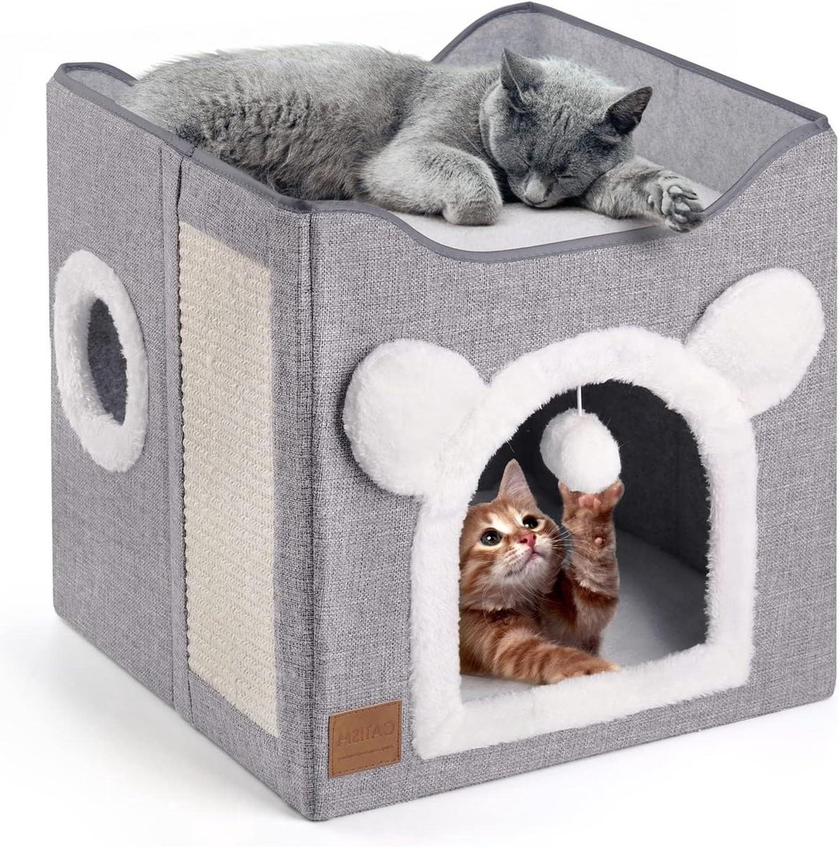 Stunq® 40 x 40 x 35 cm Kattenhuis Opvouwbaar met 2 Lagen en Krabplank - Grote Kattenmand voor Kleine en Middelgrote Huisdieren