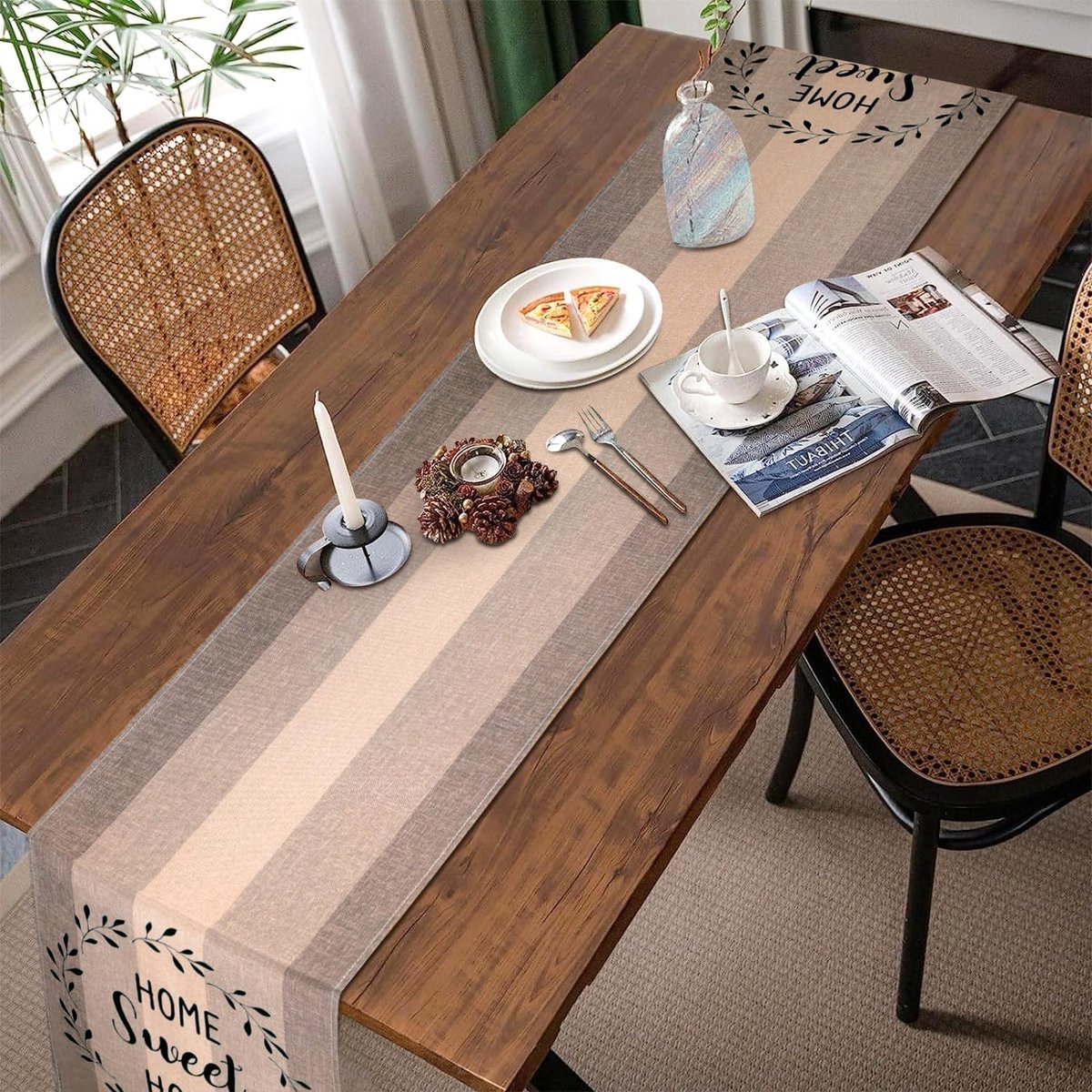 Stunq® Tafelloper modern beige bruin strepen tafelloper afwasbaar linnenlook boerderij rustiek retro schuurhout textuur tafelloper voor eettafel party picknicks buiten