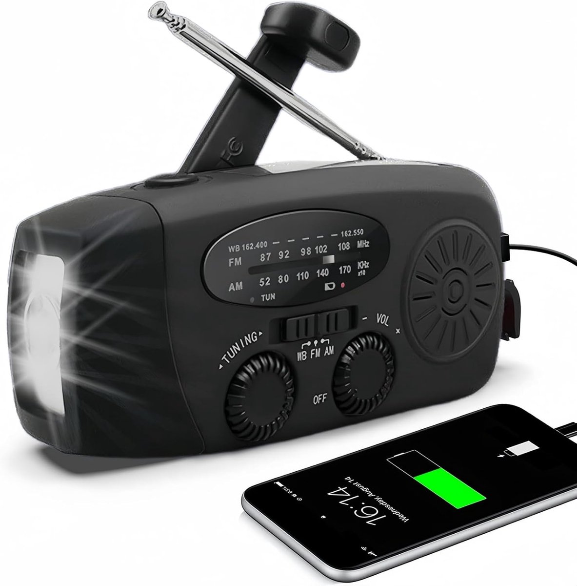 Noodradio op Accu - SOS Zaklamp - 2000mAh Powerbank - Zonnepaneel - Draagbare Radio - Opwindbare Radio - Noodradio Solar Opwindbaar