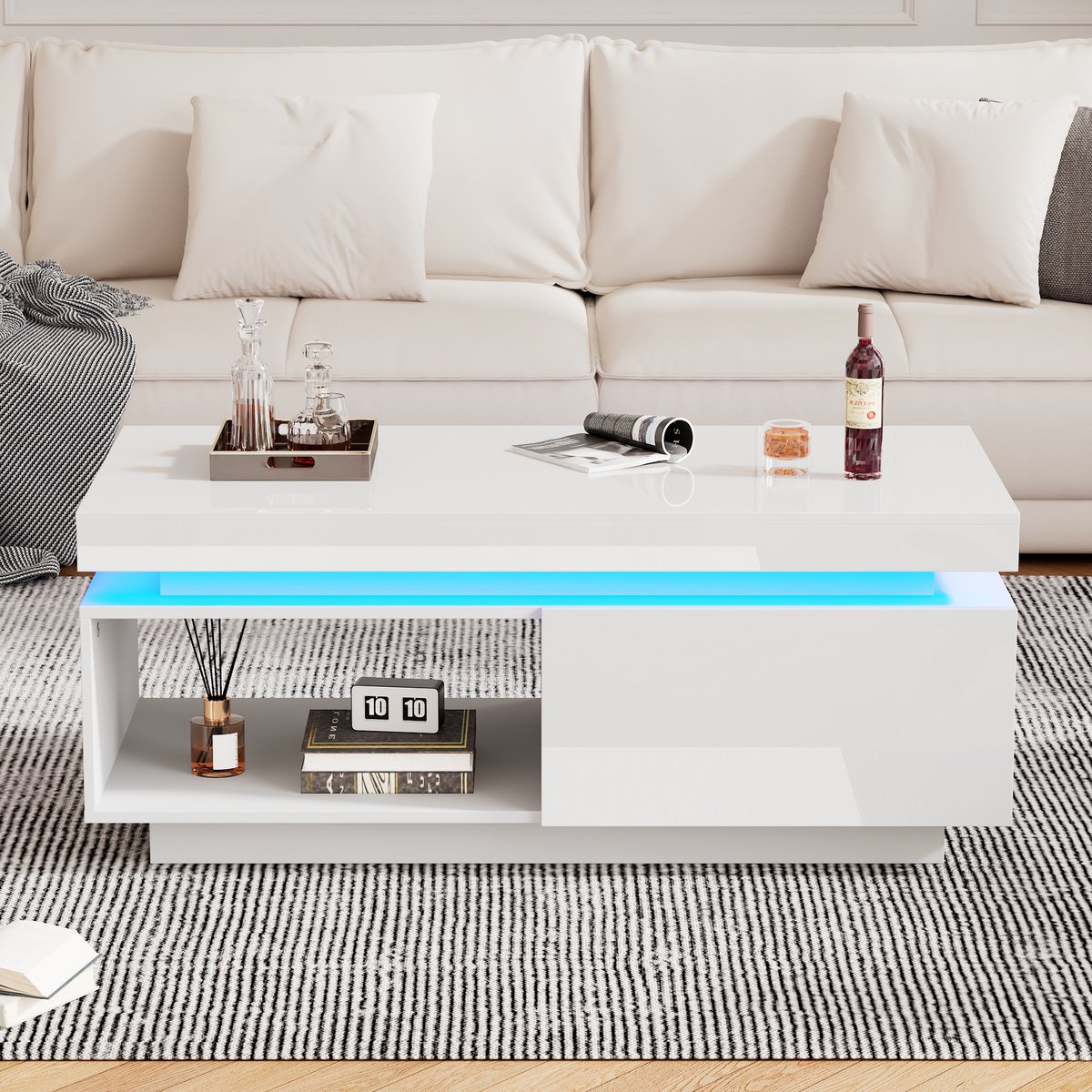Wishdor Salontafel 100x50x40,3 cm van spaanplaat, hoogglans met LED-verlichting en lade, modern ontwerp