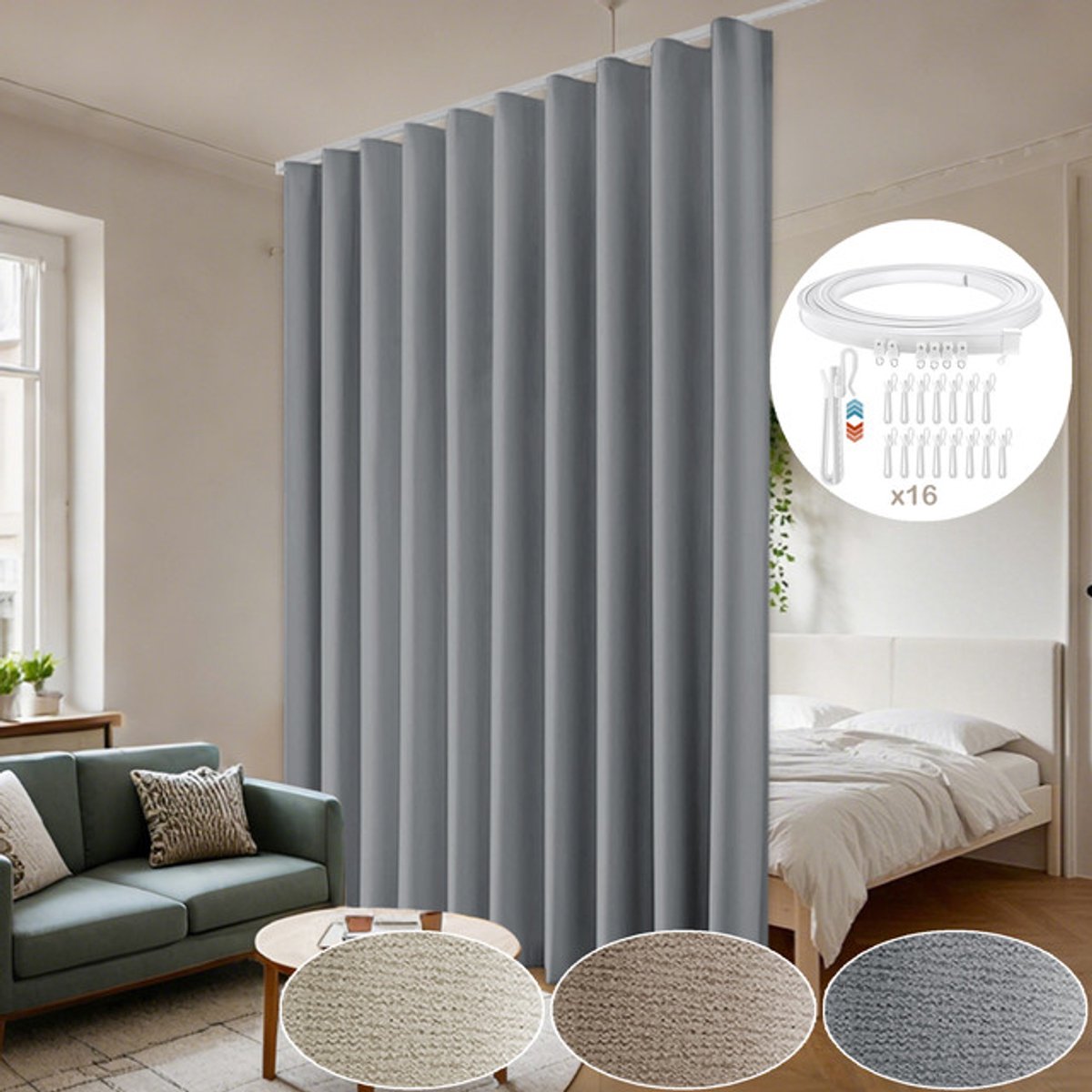 MUPOO Verduisterend Gordijn Set – Flexibele Rail, Licht, Geluid- en Warmtewerend – Stijlvolle Kamerafscheiding voor Woonkamer & Slaapkamer – Inclusief Gratis Montageset, 1 Stuk – Grijs, 254×213 cm Gray