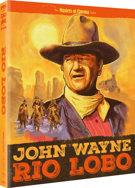 Cover van de film Rio Lobo met John Wayne in western-outfit, met op de achtergrond mannen te paard en een stoomtrein.