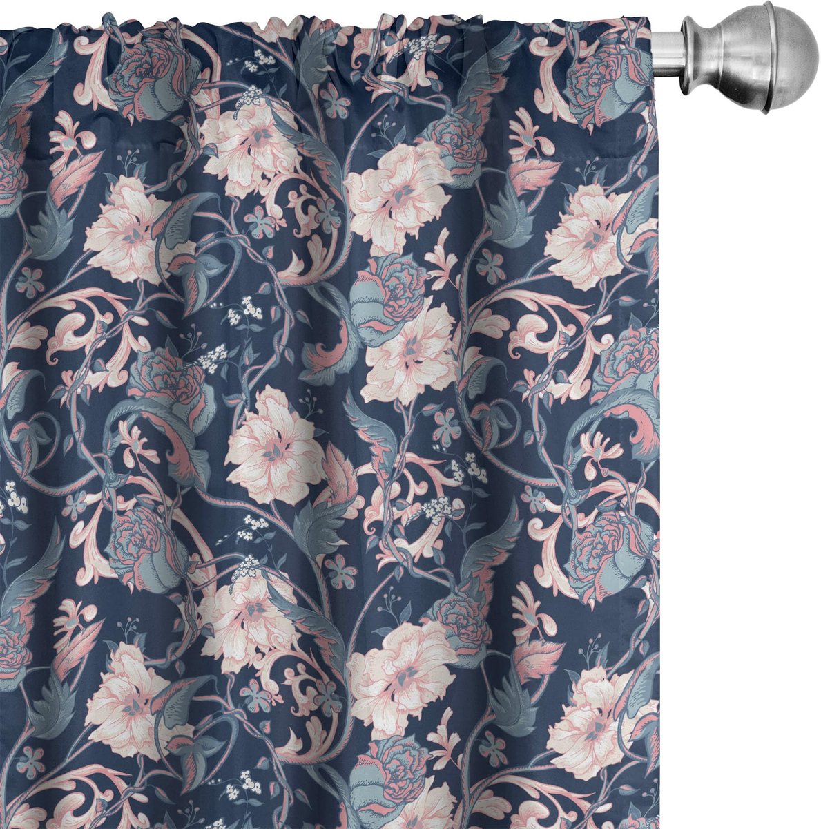 ABAKUHAUS Victoriaanse gordijnen – Magnolia & rozen – 2x75x225 cm – donkerblauw/roze