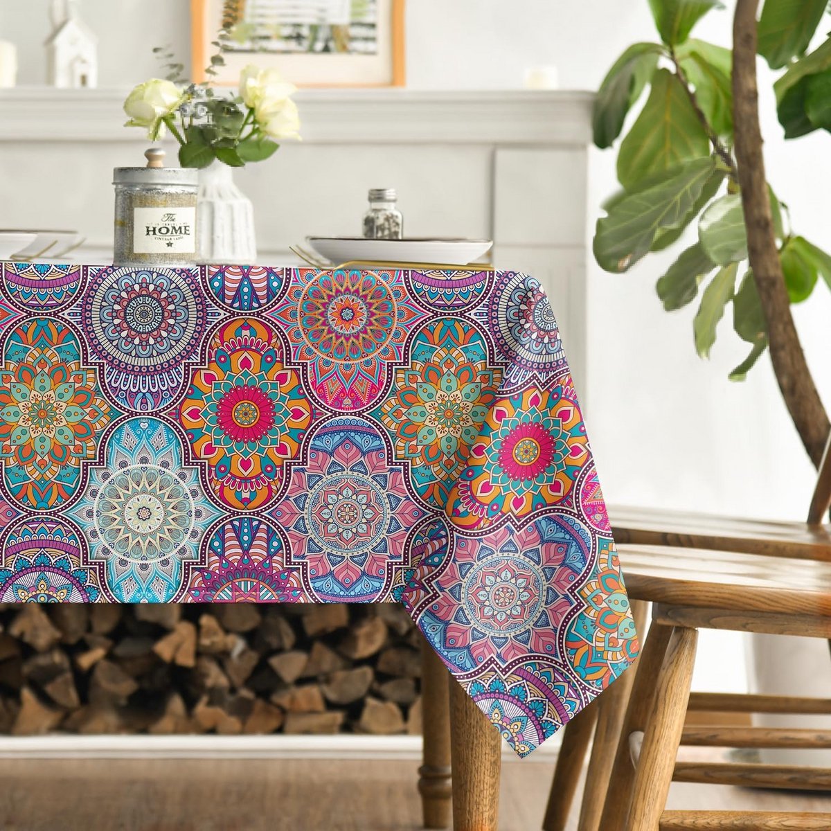Rechthoekig Tafelkleed Paars Boho Geometrisch Mandala Patroon 140x110 cm