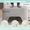 Demonstratie van een grijze, stevige kattenbak die geschikt is voor middelgrote tot grote katten. Kenmerken: antislip bodem, makkelijk te reinigen, waterdicht.