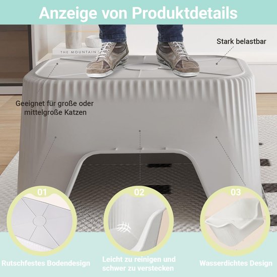 Demonstratie van een grijze, stevige kattenbak die geschikt is voor middelgrote tot grote katten. Kenmerken: antislip bodem, makkelijk te reinigen, waterdicht.