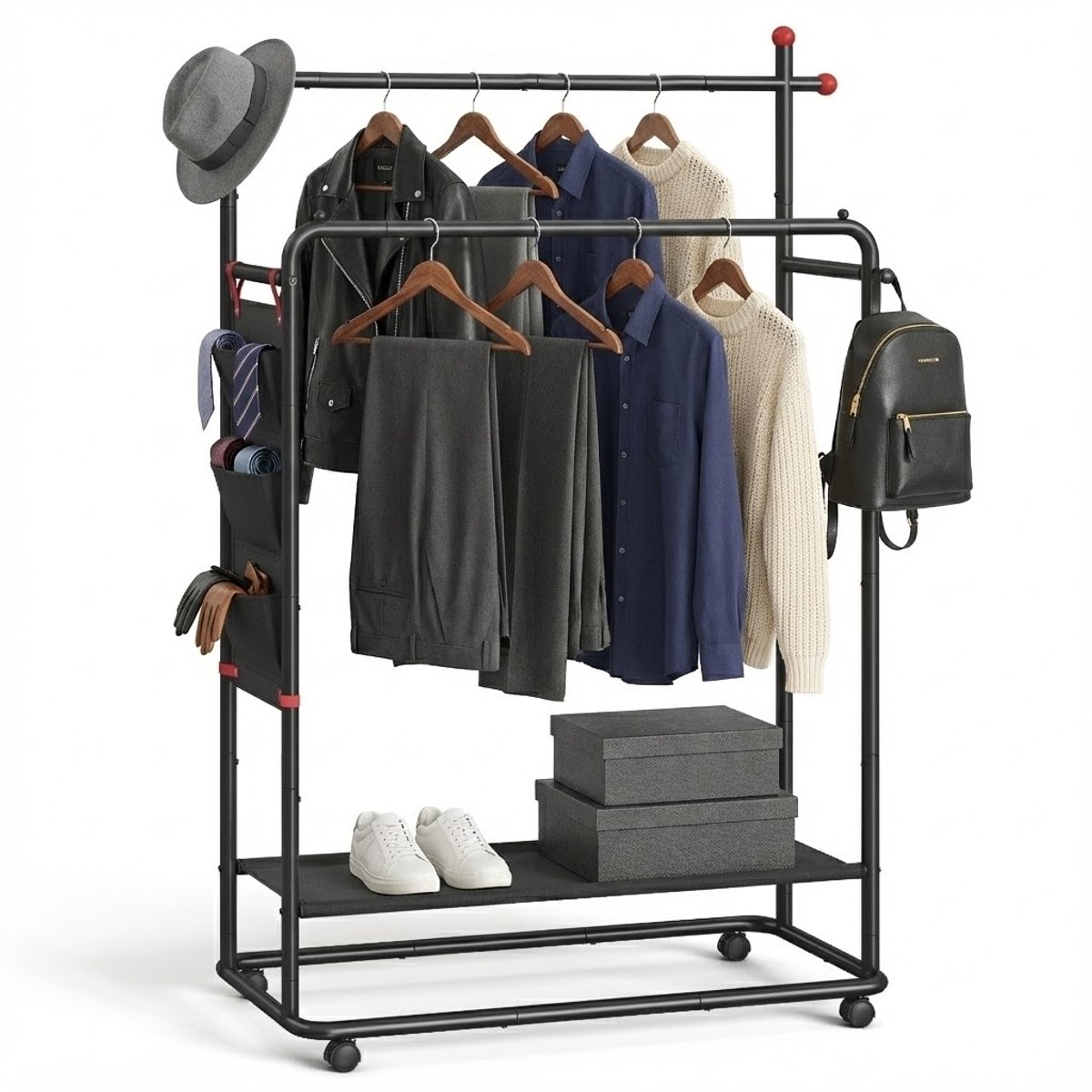 MAZAZU Dubbel Kledingrek op Wielen - Zwart Metaal - Garderoberek met Schoenenrek & Hangorganizer (3 Vakken) - 189 cm Hoog - Belastbaar tot 76 kg - Kapstok – foto 4