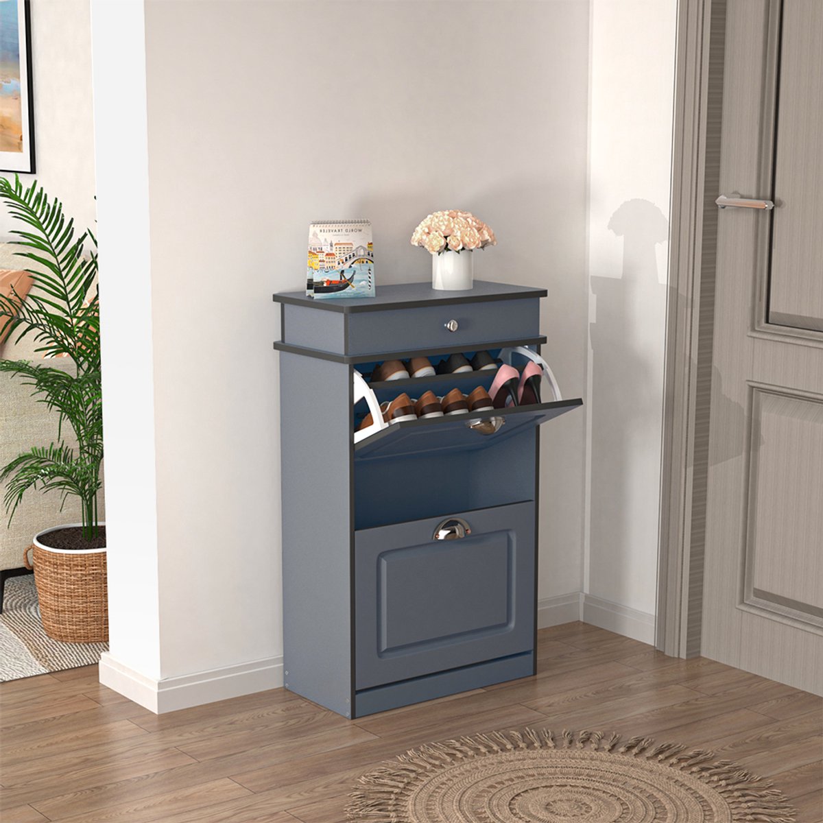 PIPIPOXER- Schoenenkast met 2 kleppen - Schoenenbank - Schoenenrek -53x22x85cm, Grijs