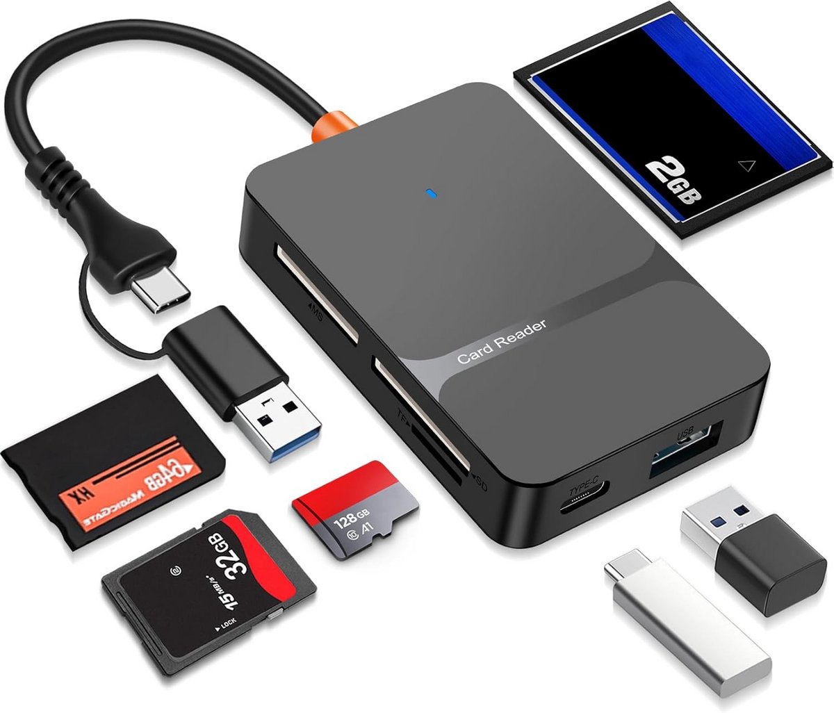 6-in-1 Geheugenkaartlezer voor SD, Micro SD en CF Kaarten met USB 3.0 en USB C