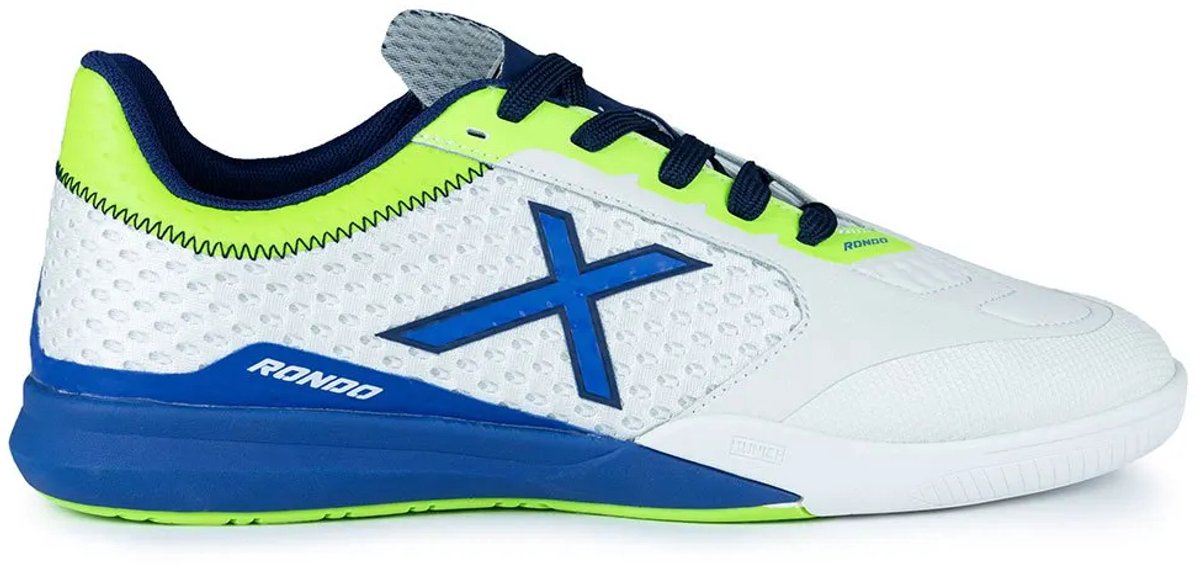 Munich Rondo 07 zaalvoetbalschoenen in wit met blauwe en groene accenten, maat EU 44 voor heren.
