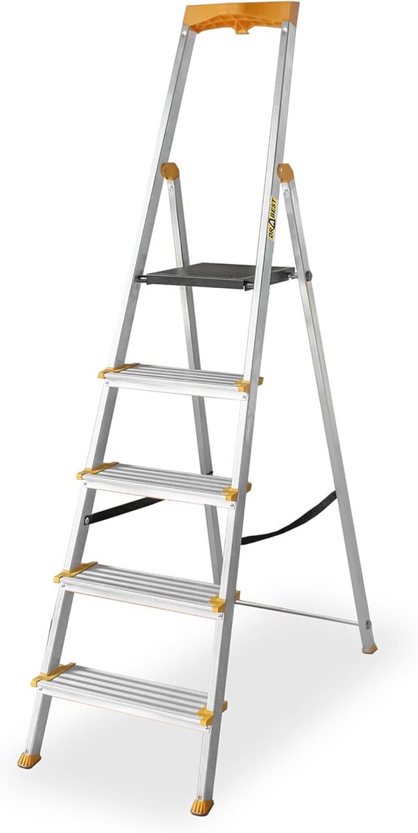 Vouwladder 5 treden - Aluminium ladder met brede, antislip treden en opbergrek - Geschikt voor thuis en werk