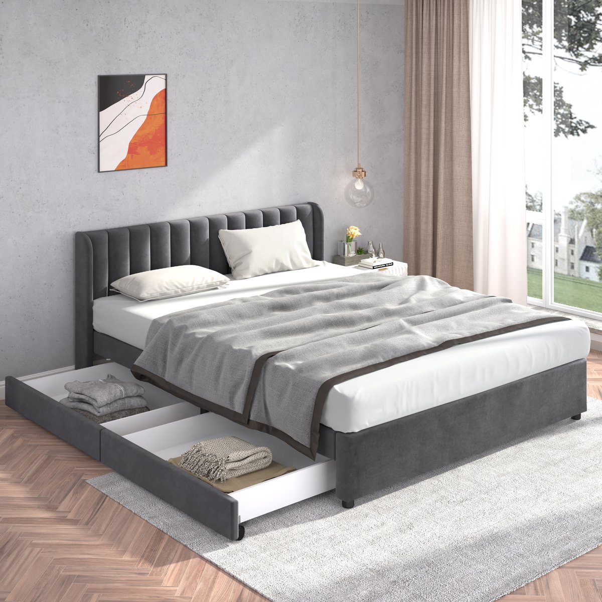 HAUSS SPOLE Gestoffeerd Bed 180x200 cm - Hoog Hoofdeinde - 2 Uittrekbare Lades met Rollen en Lattenbodem - Fluweel - Grijs - Zonder Matras
