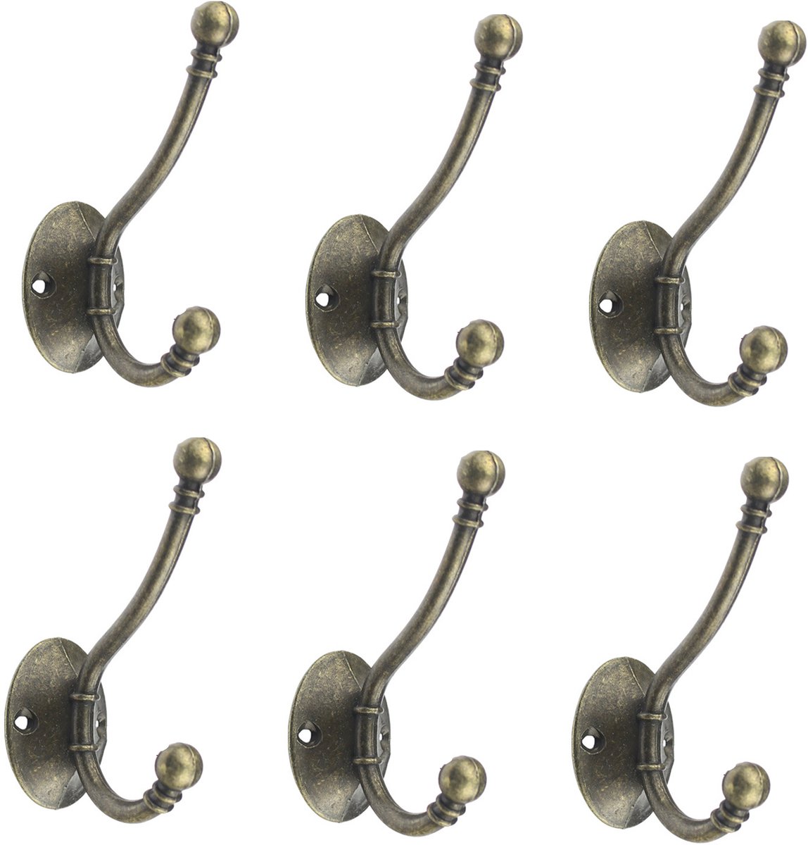 6 Stuks - Kledinghaak - Bronzen - 9,6*5,6 cm - Zinklegering - Ophanghaken - Dubbele haak - Handdoekhaak - Kapstok - Kapstokhaken met schroeven - Muurhaken